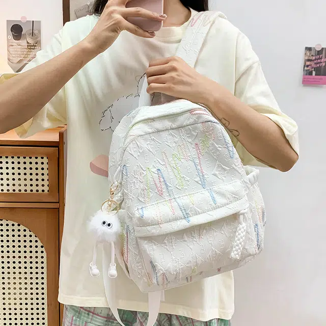 天才小熊 书包女初中高中小学生休闲旅行 经典时尚小众设计 高级感 拉链开合 布 双肩包 常规 白色
