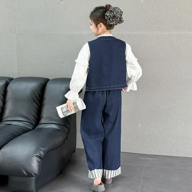 天才小熊休闲运动套装 女童春秋季牛仔马甲直筒裤大童潮牌小孩衣服 可爱小女孩短袖洋气时髦潮流