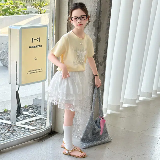 天才小熊休闲运动套装 女童夏季大童潮牌小孩衣服 小女孩蝴蝶结短袖洋气时髦 漂亮 甜美 儿童款