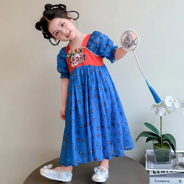 天才小熊汉服套装 女童夏季大童运动小孩衣服 小女孩 青少年花漾裙中国风洋气时髦 漂亮 甜美