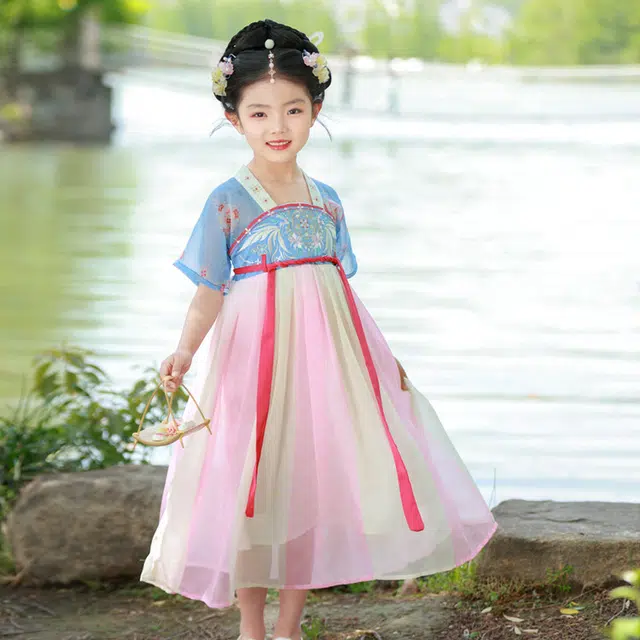 天才小熊汉服套装 女童夏季大童运动小孩衣服 小女孩 青少年蓝花香中国风洋气时髦 漂亮 甜美