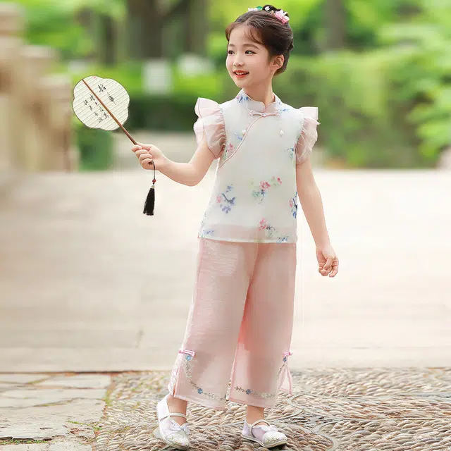 天才小熊汉服套装 女童夏季大童运动小孩衣服 小女孩 青少年飞袖中国风洋气时髦 漂亮 甜美