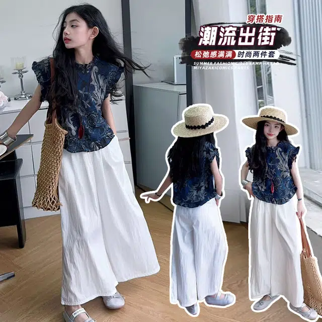 天才小熊休闲运动套装 女童夏季大童潮牌小孩衣服 小女孩碎花短袖洋气时髦 漂亮 甜美 时尚