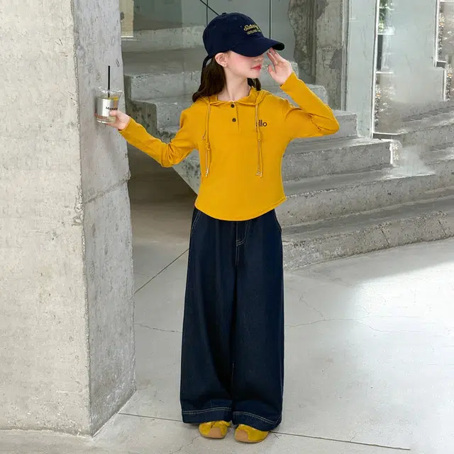 天才小熊休闲运动套装 女童春秋季连帽牛仔大童潮牌小孩衣服 小女孩短袖洋气时髦 舒适帅气轻便