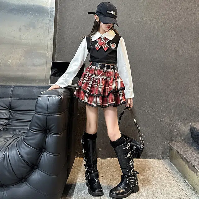 天才小熊休闲运动套装 女童春秋季红领结大童潮牌小孩衣服 小女孩短袖洋气时髦 舒适帅气轻便