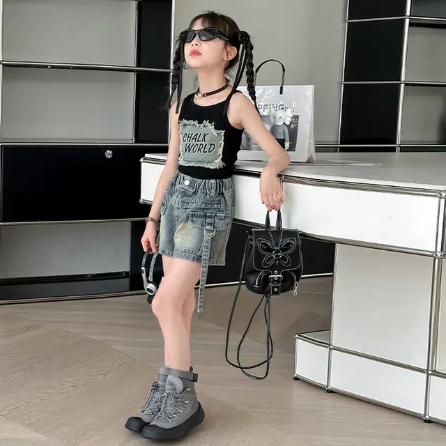 天才小熊休闲运动套装 女童夏季大童潮牌小孩衣服 小女孩 短袖 牛仔短裤洋气时髦 漂亮 甜美 