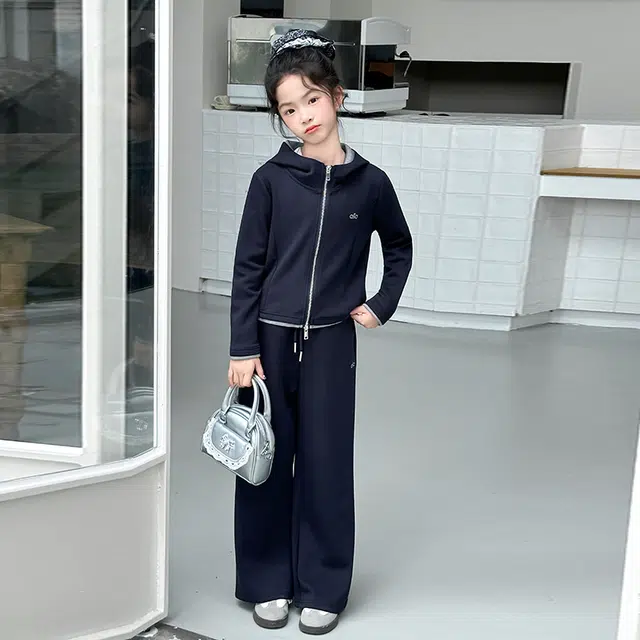 天才小熊休闲运动套装 女童春秋季拉链连帽拼色刺绣大童潮牌小孩衣服 小女孩短袖洋气时髦 舒适帅气轻便