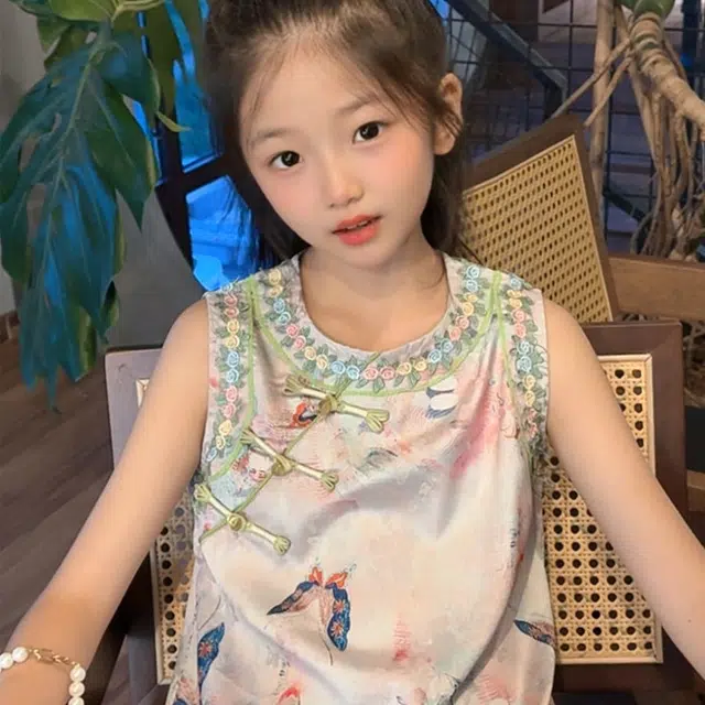 天才小熊汉服套装 女童夏季大童运动小孩衣服 小女孩 青少年蝴蝶旗袍中国风洋气时髦 漂亮 甜美