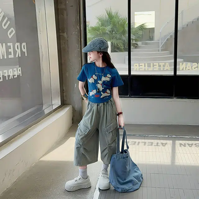 天才小熊牛仔套装 女童夏季大童潮牌运动小孩衣服 小女孩短袖洋气时髦 漂亮 甜美