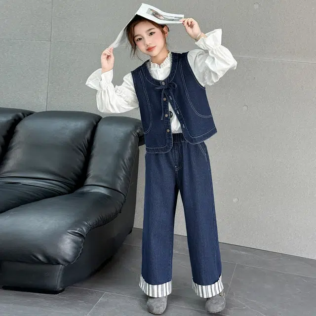 天才小熊休闲运动套装 女童春秋季牛仔马甲直筒裤大童潮牌小孩衣服 可爱小女孩短袖洋气时髦潮流