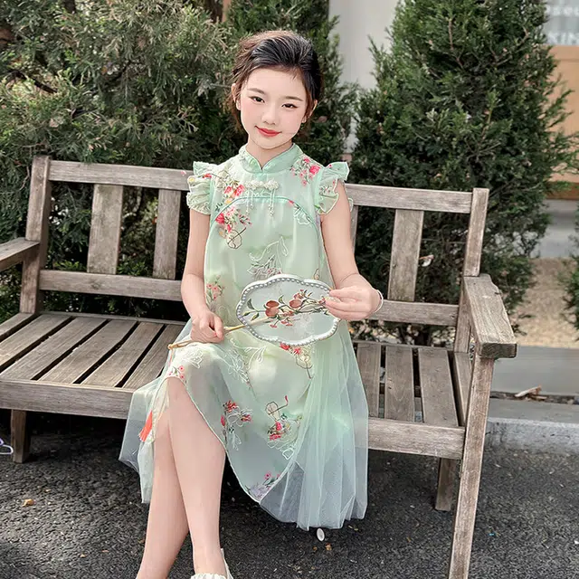 天才小熊汉服 女童夏季大童运动小孩衣服 小女孩 青少年蝴蝶中国风旗袍洋气时髦 漂亮 甜美 青少年