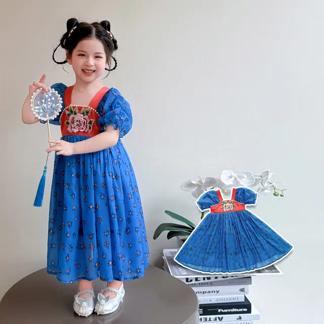 天才小熊汉服套装 女童夏季大童运动小孩衣服 小女孩 青少年花漾裙中国风洋气时髦 漂亮 甜美