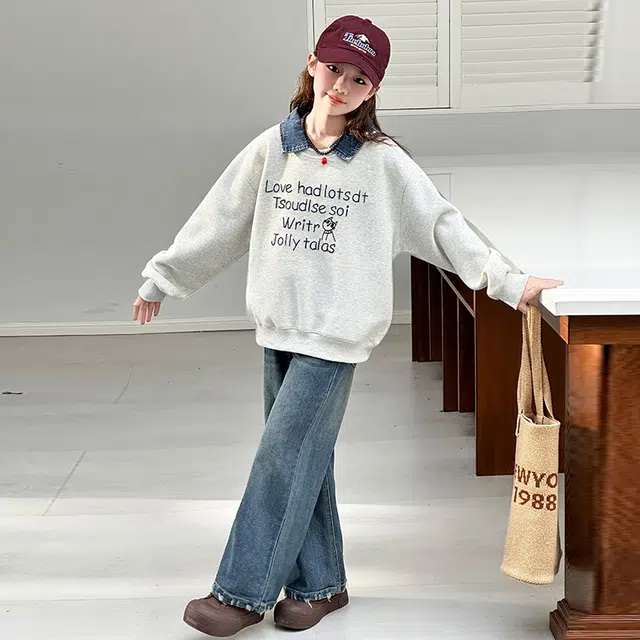 天才小熊休闲运动套装 女童春秋季牛仔领卫衣大童潮牌小孩衣服 小女孩短袖洋气时髦 舒适帅气轻便