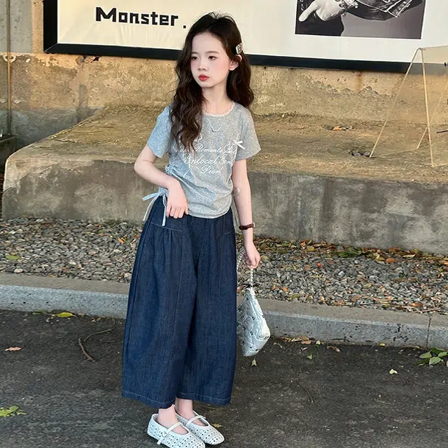 天才小熊休闲运动套装 女童夏季大童潮牌小孩衣服 小女孩短袖 蝴蝶结牛仔裤 洋气时髦 漂亮 甜美