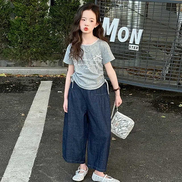 天才小熊休闲运动套装 女童夏季大童潮牌小孩衣服 小女孩短袖 蝴蝶结牛仔裤 洋气时髦 漂亮 甜美