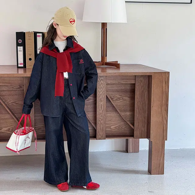 天才小熊休闲运动套装 女童春秋季披肩牛仔大童潮牌小孩衣服 小女孩短袖洋气时髦 舒适帅气轻便