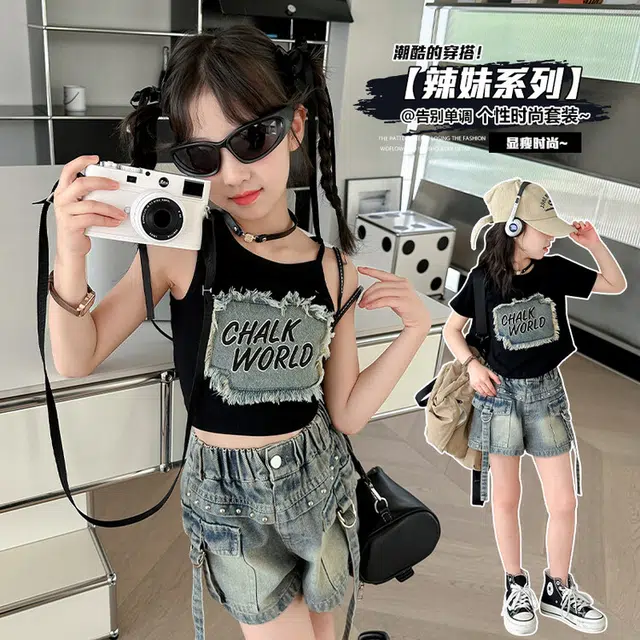天才小熊休闲运动套装 女童夏季大童潮牌小孩衣服 小女孩 短袖 牛仔短裤洋气时髦 漂亮 甜美 