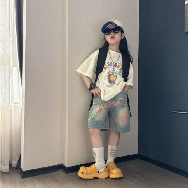 天才小熊休闲运动套装 女童夏季大童潮牌小孩衣服 小女孩短袖 牛仔 洋气时髦 漂亮 甜美