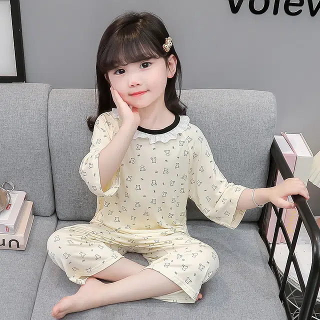 天才小熊家居服套装 女童夏季圆领花边小熊大童休闲小孩衣服 小女孩居家外穿 睡衣洋气时髦 漂亮 甜美