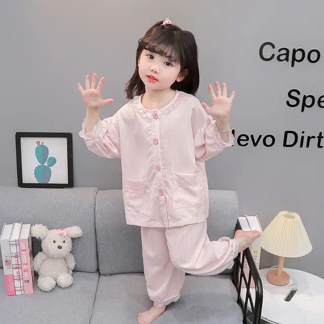 天才小熊家居服套装 女童夏季花边领开衫睡衣大童休闲小孩衣服 小女孩居家外穿 洋气时髦 漂亮 甜美
