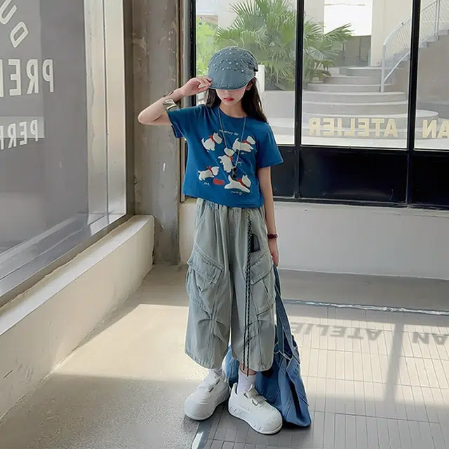 天才小熊牛仔套装 女童夏季大童潮牌运动小孩衣服 小女孩短袖洋气时髦 漂亮 甜美