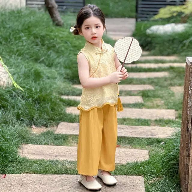 天才小熊汉服套装 女童夏季大童运动小孩衣服 小女孩 青少年花边复古中国风洋气时髦 漂亮 甜美