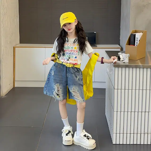 天才小熊休闲运动套装 女童夏季大童潮牌小孩衣服 小女孩印花短袖洋气时髦 漂亮 甜美