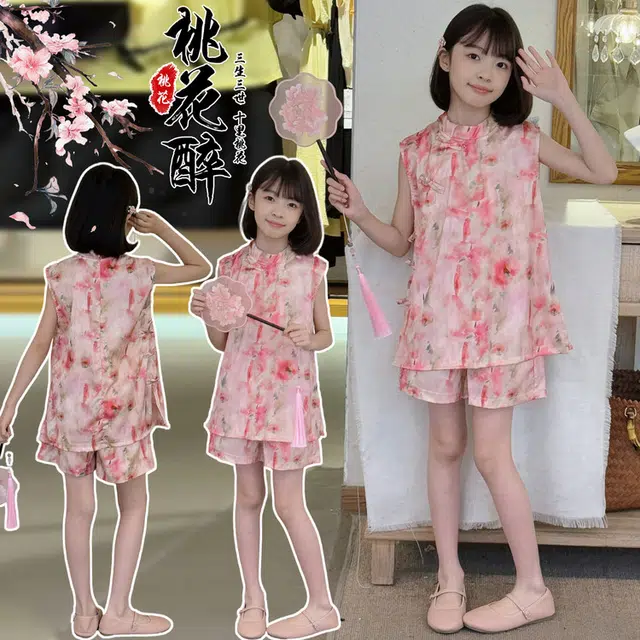 天才小熊汉服套装 女童夏季大童运动小孩衣服 小女孩 青少年花朵中国风洋气时髦 漂亮 甜美