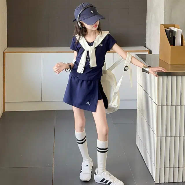 天才小熊休闲运动套装  女童春秋季披肩大童潮牌小孩衣服 小女孩短袖洋气时髦 舒适帅气轻便