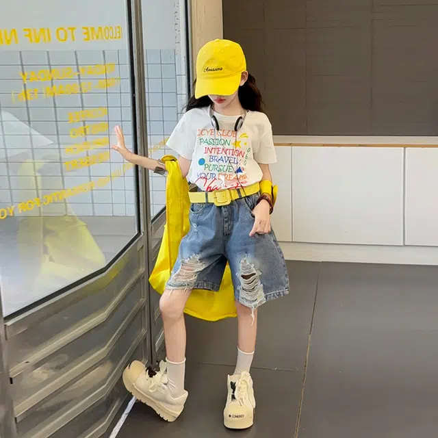 天才小熊休闲运动套装 女童夏季大童潮牌小孩衣服 小女孩印花短袖洋气时髦 漂亮 甜美