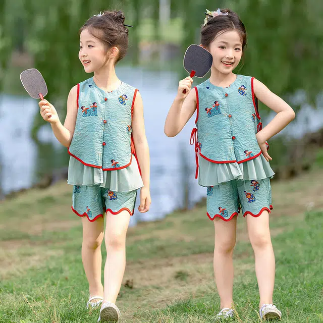 天才小熊汉服套装 女童夏季大童运动小孩衣服 小女孩 青少年西施国风中洋气时髦 漂亮 甜美