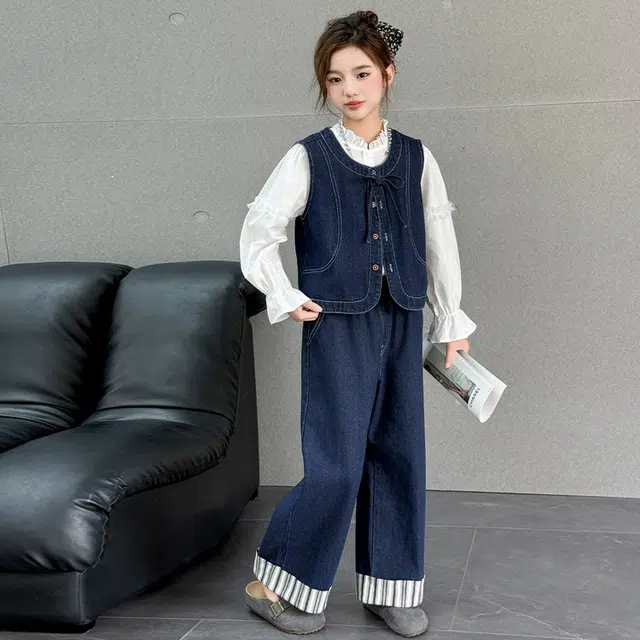 天才小熊休闲运动套装 女童春秋季牛仔马甲直筒裤大童潮牌小孩衣服 可爱小女孩短袖洋气时髦潮流