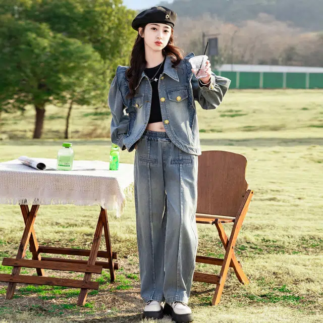 天才小熊休闲运动套装 女童春秋季牛仔大童潮牌小孩衣服 小女孩短袖洋气时髦 舒适帅气轻便