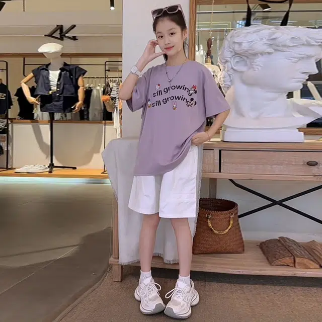 天才小熊休闲运动套装 女童夏季大童潮牌小孩衣服 小女孩短袖洋气时髦 漂亮 甜美舒适