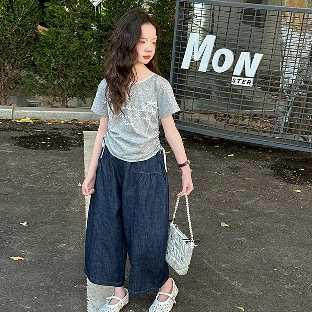 天才小熊休闲运动套装 女童夏季大童潮牌小孩衣服 小女孩短袖 蝴蝶结牛仔裤 洋气时髦 漂亮 甜美