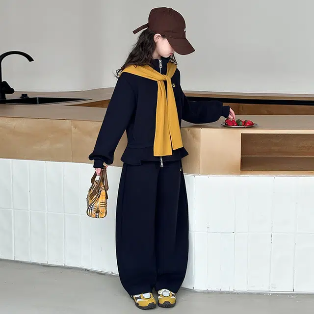 天才小熊休闲运动套装 女童春秋季披肩弯刀裤大童潮牌小孩衣服 小女孩短袖洋气时髦 舒适帅气轻便