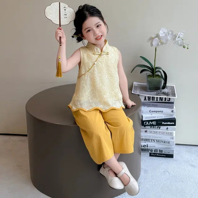 天才小熊汉服套装 女童夏季大童运动小孩衣服 小女孩 青少年花边复古中国风洋气时髦 漂亮 甜美