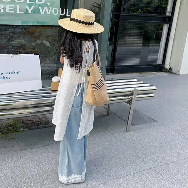 天才小熊休闲运动套装 女童夏季大童潮牌小孩衣服 小女孩镂空上衣短袖洋气时髦 漂亮 甜美