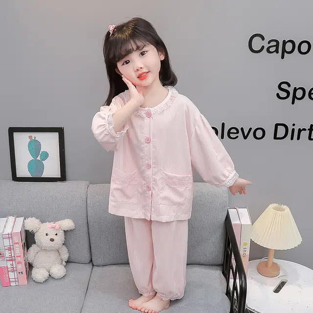 天才小熊家居服套装 女童夏季花边领开衫睡衣大童休闲小孩衣服 小女孩居家外穿 洋气时髦 漂亮 甜美