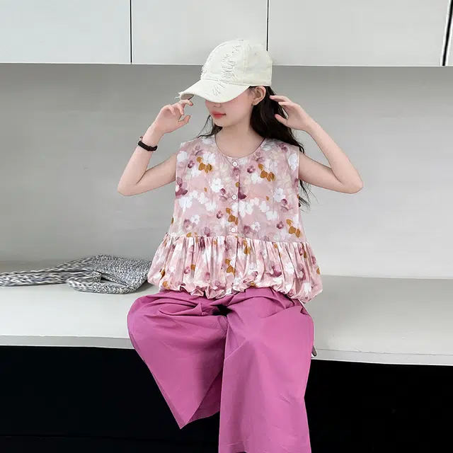 天才小熊休闲运动套装 女童夏季碎花上衣大童潮牌小孩衣服 小女孩短袖洋气时髦 漂亮 甜美