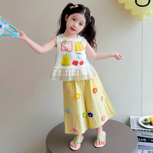 天才小熊休闲运动套装 女童夏季大童潮牌小孩衣服 小女孩水果印花 短袖洋气时髦 漂亮 甜美