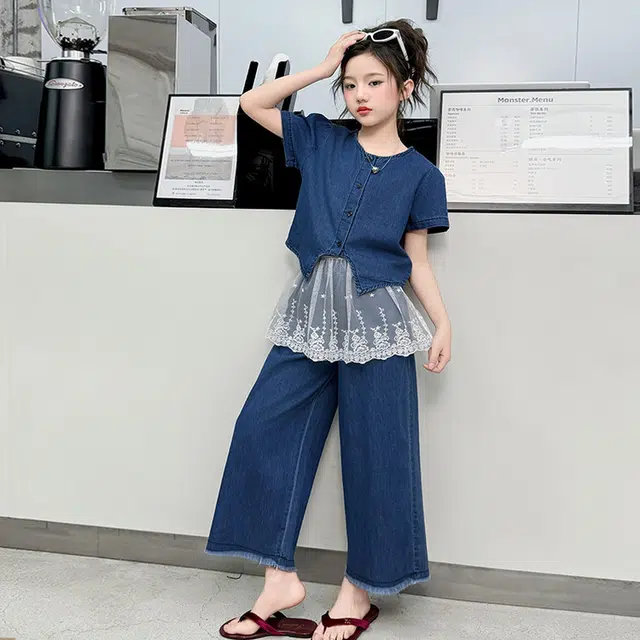 天才小熊休闲运动套装 女童夏季大童潮牌小孩衣服 小女孩 蕾丝牛仔 洋气时髦 漂亮 甜美舒适