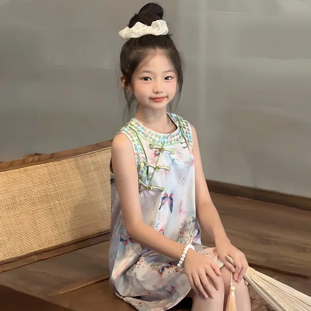 天才小熊汉服套装 女童夏季大童运动小孩衣服 小女孩 青少年蝴蝶旗袍中国风洋气时髦 漂亮 甜美
