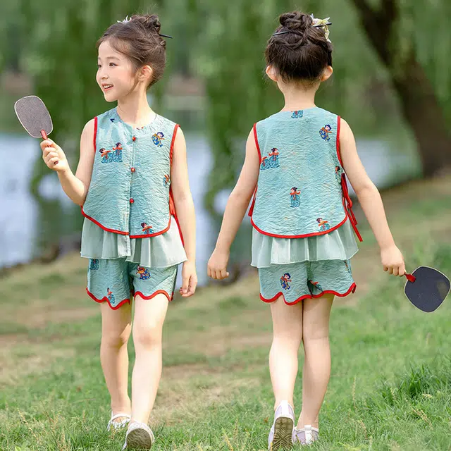 天才小熊汉服套装 女童夏季大童运动小孩衣服 小女孩 青少年西施国风中洋气时髦 漂亮 甜美
