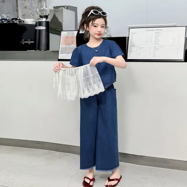 天才小熊休闲运动套装 女童夏季大童潮牌小孩衣服 小女孩 蕾丝牛仔 洋气时髦 漂亮 甜美舒适