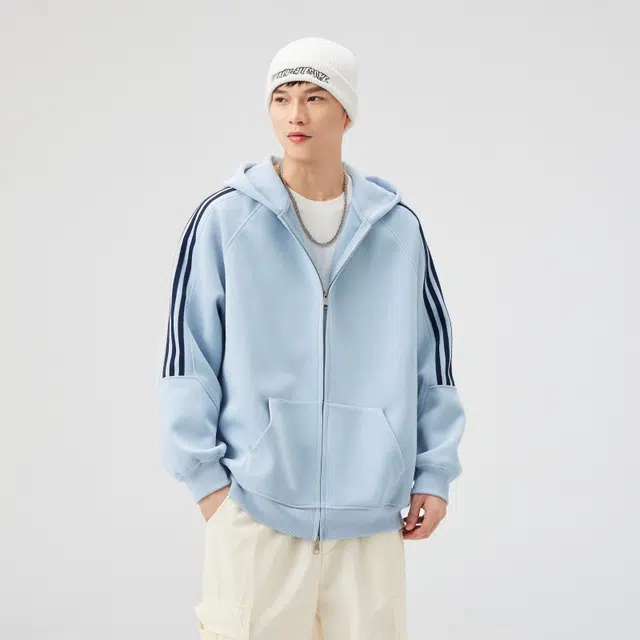 假日伯爵 美式复古高街时尚潮流休闲百搭棉弹舒适柔软亲肤纯色拼接条纹连帽开衫长袖卫衣外套夹克 男女同款