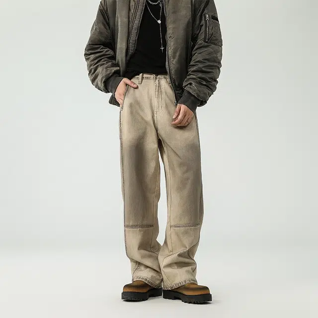 假日伯爵 美式高街设计感潮牌做脏复古水洗宽松直筒秋季基础款男士长裤休闲牛仔裤 男女同款