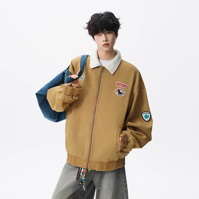 假日伯爵 秋冬季长袖男装痞帅气质贴纸印花小众设计学生流行简约慵懒文艺宽松休闲外套夹克 男女同款