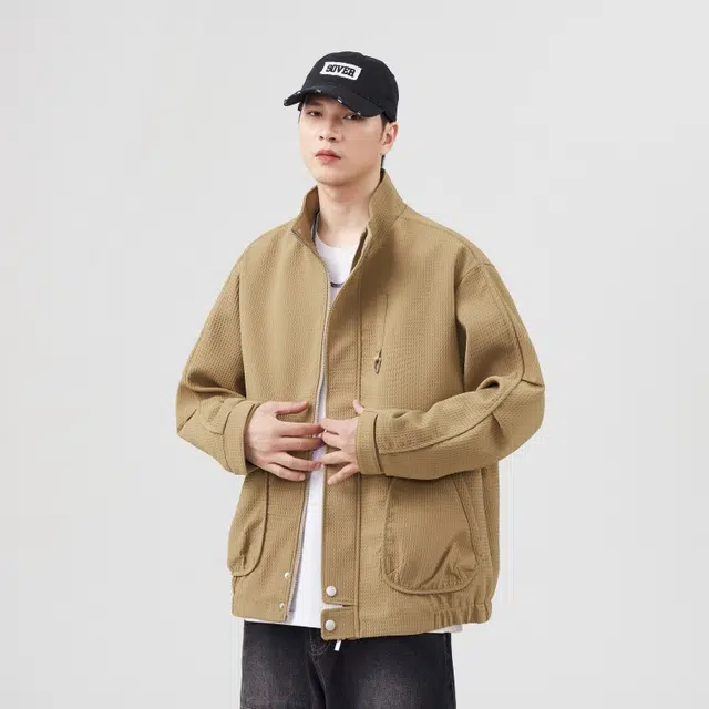 假日伯爵 美式小众复古纯色立领百搭宽松休闲痞帅结构款拉链设计感高街潮流长袖上衣美拉德外套夹克 男女同款