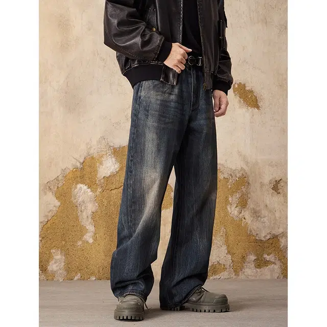 假日伯爵 美式高街设计感潮牌做旧做脏复古水洗宽松直筒百搭秋季基础款男士长裤休闲牛仔裤 男女同款